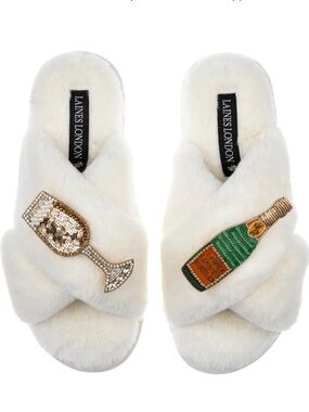 Cream Fuzzy Crossband Slippers with Beaded Champagne Motifs